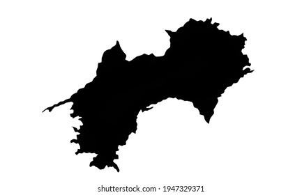 Black silhouette of a map of the Japanese island of Shikoku on a white background