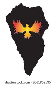 
Black silhouette of the map of La Palma, with a phoenix in fiery color