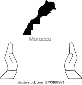 A black silhouette of the map of Morocco is presented above the word Morocco, with two open hands below.
