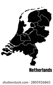Black silhouette map of the netherlands featuring internal provincial borders and labeled country name netherlands silhouette cartography territory regional provincial division