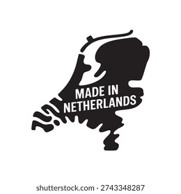 Black silhouette map of Netherlands with made in netherlands text on a white background, symbolizing product origin and dutch quality for branding and export purposes.