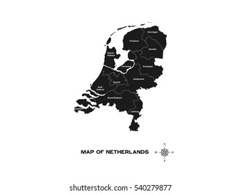 Black silhouette map of Netherlands on white background