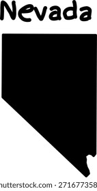 Schwarze Silhouettenkarte des Bundesstaates Nevada mit handgeschriebenem Text "Nevada" oben. Minimale Vektorgrafik für Geografie, Bildung und Standortthemen.