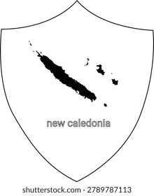 A black silhouette map of New Caledonia within a shield emblem, with the text new caledonia below the map.