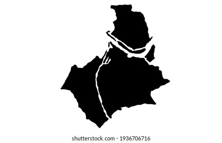 black silhouette of a map of Nijmegen in the Netherlands on a white background