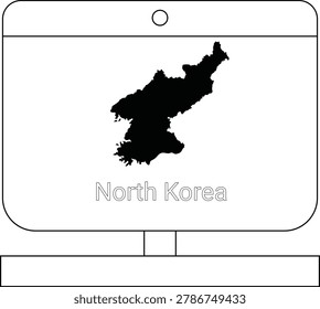 A black silhouette of the map of North Korea displayed on a computer monitor screen.