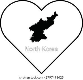 A black silhouette of the map of North Korea is centrally placed within a white heart shape outline. The text North Korea is visible below the map.
