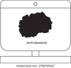 A black silhouette of the map of North Macedonia is shown on a computer monitor screen.