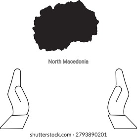 A black silhouette of the map of North Macedonia is shown above two cupped hands, symbolizing protection or support.