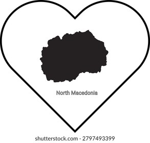 A black silhouette of the map of North Macedonia is displayed within a white heart outline, symbolizing love for the country.
