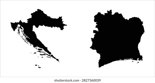 Black silhouette map outlines of croatia and ivory coast with cote divoire, location
