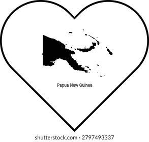 A black silhouette of the map of Papua New Guinea is centrally placed within a white heart outline, symbolizing love for the country.