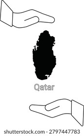 A black silhouette of the map of Qatar is centrally placed, with two open hands, one above and one below, symbolizing protection and care.