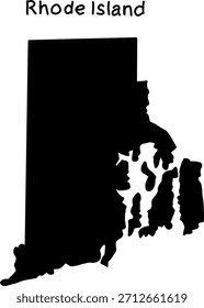 Black silhouette map of Rhode Island with detailed coastal shapes, ideal for educational materials, infographics, digital design, and geographic illustration projects