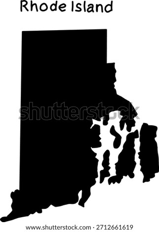 Black silhouette map of Rhode Island with detailed coastal shapes, ideal for educational materials, infographics, digital design, and geographic illustration projects
