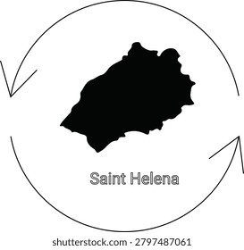 A black silhouette map of Saint Helena island is centrally placed within a white circle, framed by two opposing curved arrows.