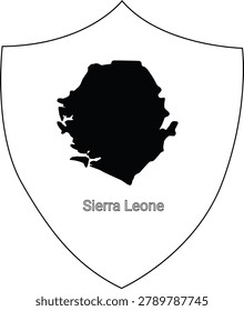 A black silhouette of the map of Sierra Leone centered within a white shield outline, with the text Sierra Leone below.