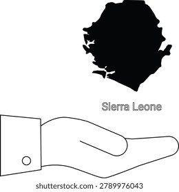 A black silhouette of the map of Sierra Leone is shown above an open hand illustration.