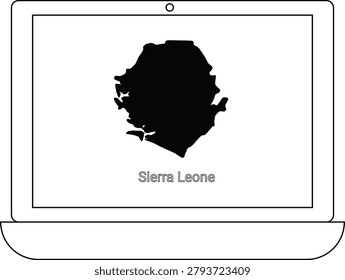 A black silhouette of the map of Sierra Leone displayed on a laptop computer screen.