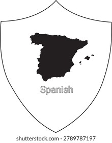 A black silhouette of the map of Spain is centrally placed within a white shield outline, with the word Spanish below.