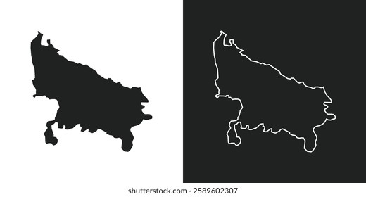 Black silhouette of a map of the state of Uttar Pradesh in India on white background. Uttar Pradesh outline vector map of india. 