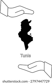 A black silhouette of the map of Tunisia is centrally placed, with two open hands above and below it, suggesting protection or care.