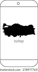 A black silhouette of the map of Turkey displayed on a white smartphone screen with the word turkey below it.