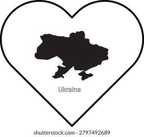 A black silhouette of the map of Ukraine is centrally placed within a white heart outline, symbolizing love and support for Ukraine.