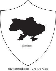 A black silhouette of the map of Ukraine is displayed within a shield emblem, with the word Ukraine below.