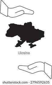 A black silhouette of the map of Ukraine is shown in the center, framed by two open hands, one above and one below, symbolizing support and care.