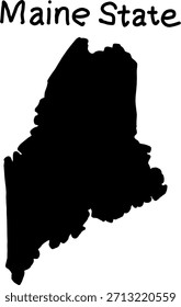 Black silhouette map of the US state of Maine on a white background. Simple vector design for education, geography, or graphic use.