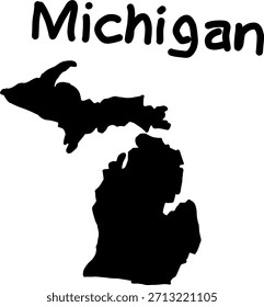 Black silhouette map of the US state of Michigan on a white background. Simple vector design for education, geography, or graphic use.
