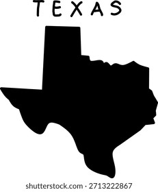 Black silhouette map of the US state of Texas on a white background. Simple vector design for education, geography, or graphic use.