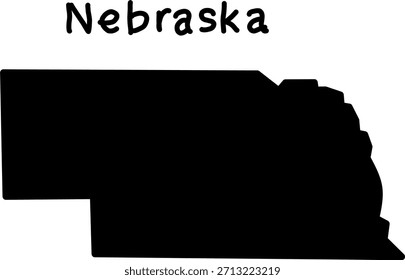 Black silhouette map of the US state of Nebraska on a white background. Simple vector design for education, geography, or graphic use.