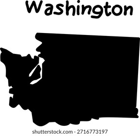 Mapa de silueta negra del estado de Washington con texto escrito a mano “Washington” arriba. Ilustración vectorial mínima para geografía, educación, y temas de ubicación.