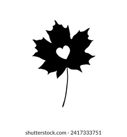 Black silhouette of a maple leaf with a heart cut out in the middle. Hand-drawn vector illustration isolated on white background.