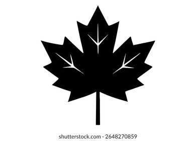 A black silhouette of a maple leaf is shown against a white background The leaf is stylized and simple in design with a clear stem. The image is a vector graphic.