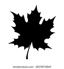 A black silhouette of a maple leaf, symbolizing nature and autumn, set against a plain white background for clear visual emphasis.