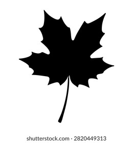 A black silhouette of a maple leaf, symbolizing nature and autumn, set against a plain white background for clear visual emphasis.