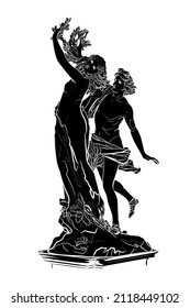 Black silhouette of marble sculpture on white background. Apollo and Daphne (Bernini). Graphic drawing. Vector illustration.