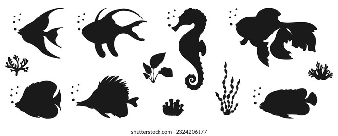 Black silhouette of marine life. Set of elements for design in marine style. Shadow of various fishes, algae and corals