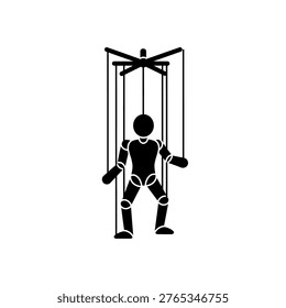 Black silhouette of a marionette puppet controlled by strings from above, symbolizing control and manipulation.