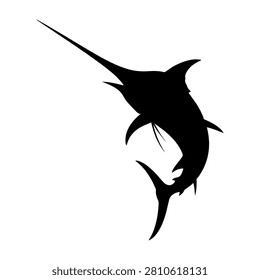 A black silhouette of a marlin fish caught on a fishing line, emphasizing the dynamic motion and sleek shape of the marine predator.