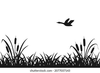 Schwarze Silhouette aus Sumpfgras, fliegende Ente, Seerote, nahtloses Gras.