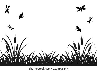 Black Silhouette Of Marsh Grass With Flying Insects, Lake Reed.