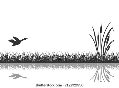 The Black Silhouette Of Marsh Grass With Flying Duck Is Reflected In The Water.