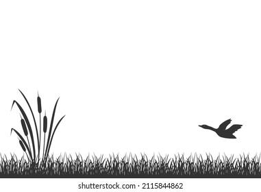 Black Silhouette Of Marsh Grass With Reeds And Flying Duck. Lake Reed, Seamless Grass.