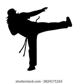 Black silhouette of a martial artist executing a high kick, showcasing strength, agility, and discipline in a dynamic pose.