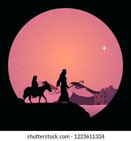 Black silhouette of Mary and Joseph, journey to Bethlehem, for Christmas theme.