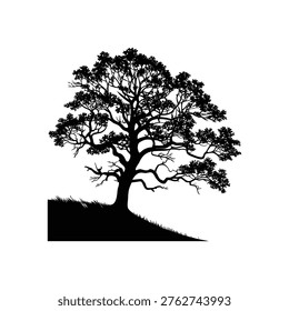 Black silhouette of a mature, spreading tree with a dense canopy, standing on grassy incline